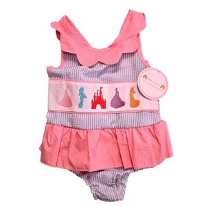 Abby & Evie Kids 4 (12-18M) Smocked Princess Seersucker Bubble Romper Pink Blue